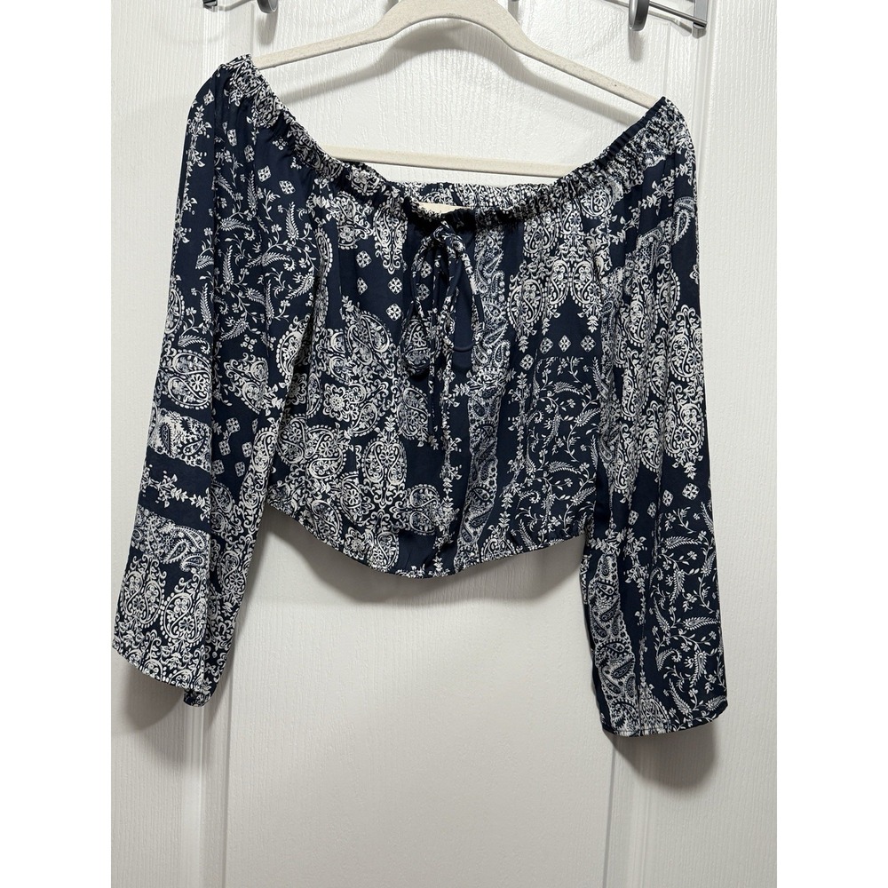 Altar'd State Off Shoulder Crop Top Womens S Blue White Paisley Boho Long Sleeve